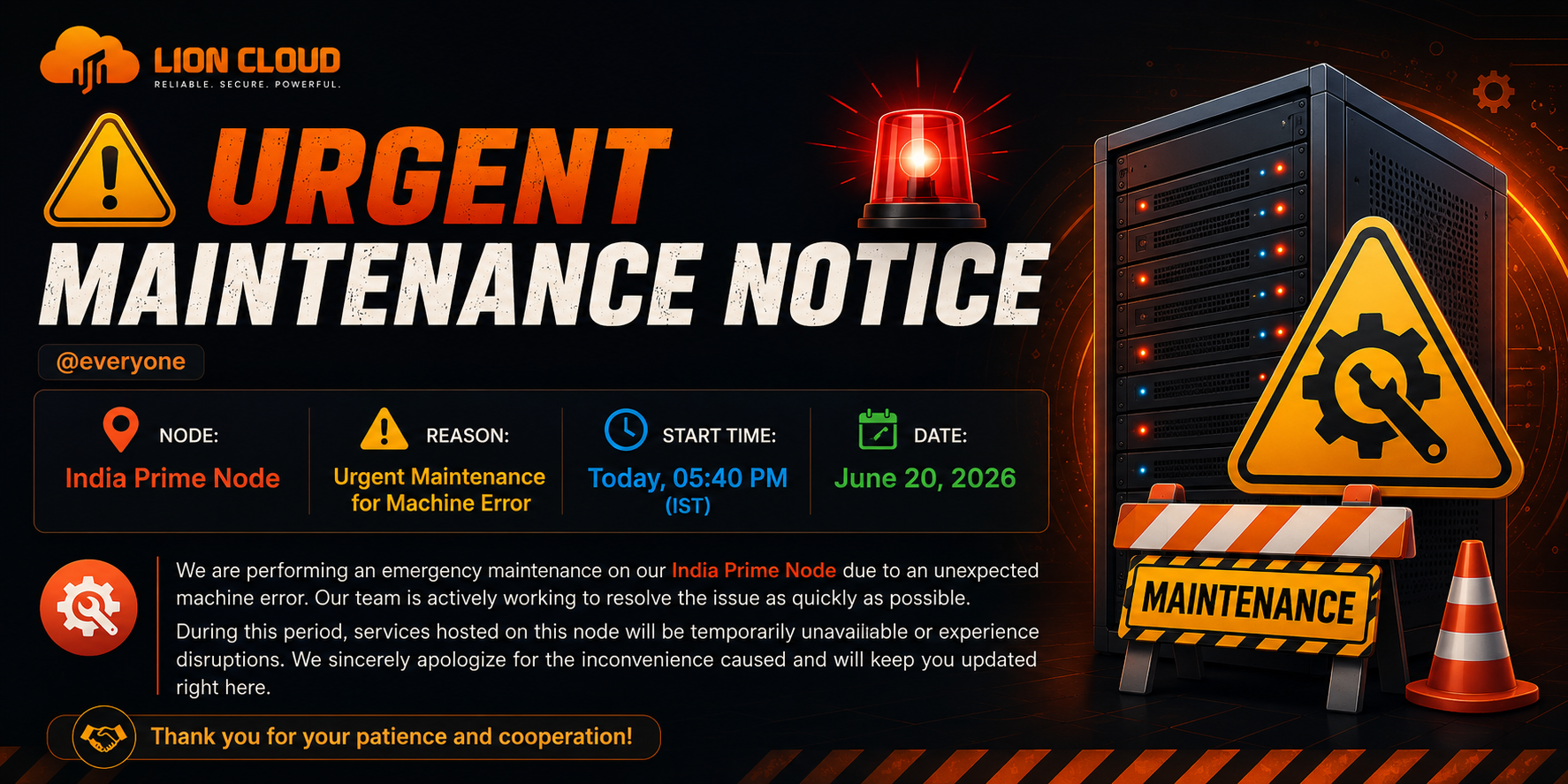 Urgent Maintenance: India Prime Node Down for Emergency Repairs